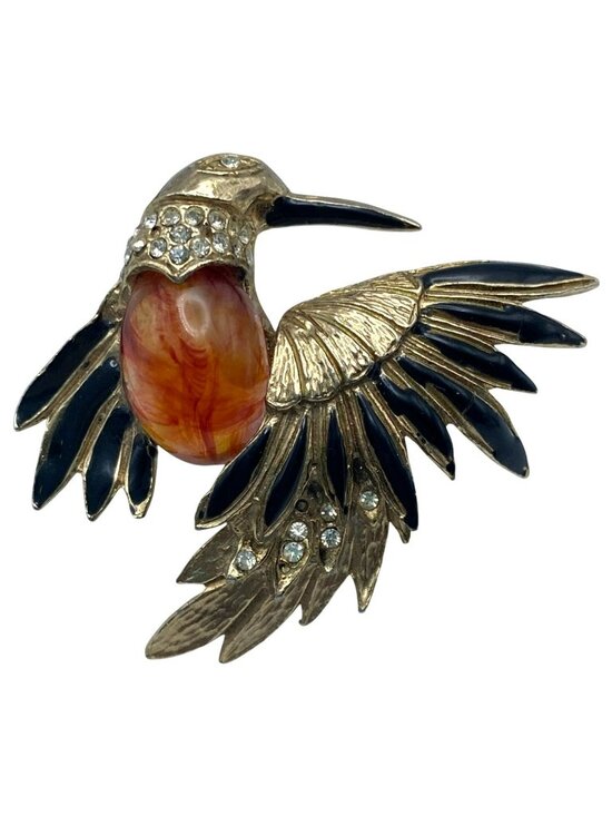 Jewelry - Jelly Belly Hummingbird Brooch Pin Vintage Enamel Bird Rhinestone MCM
